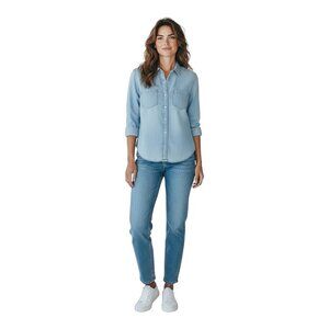 UNTUCKIT Womens Alleanza Button Up Blouse~Size 2~Chambray Blue Long Sleeve L6 28